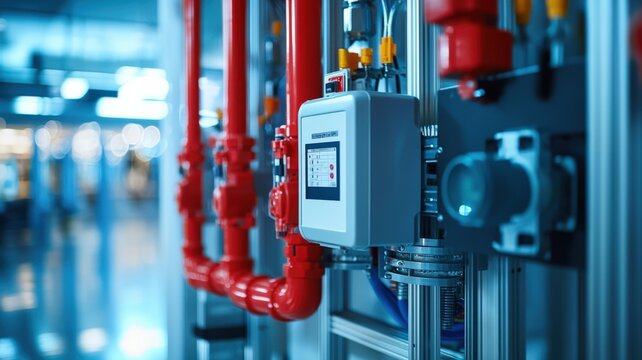 Fire alarm system concept. High-angle view of a fire alarm system installation showcasing modern technology and safety features in a commercial setting.