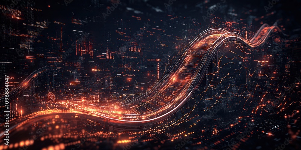 Aufkleber A dynamic visualization of glowing lines and data streams, representing technology, digital transformation, and interconnectedness in a futuristic setting.