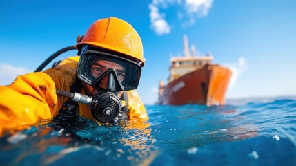 A bright orange vessel floats in a calm sea while a nearby diver in a protective suit symbolizes resilience, adventure, and a harmonious connection with the ocean.