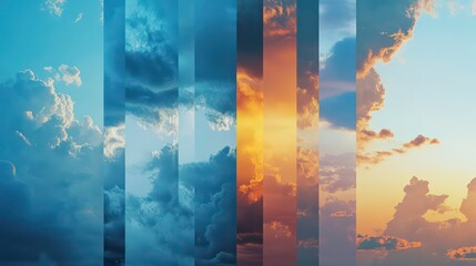 banner design collage displays photos of the sky under various weather conditions, emphasizing meteorology and climate change