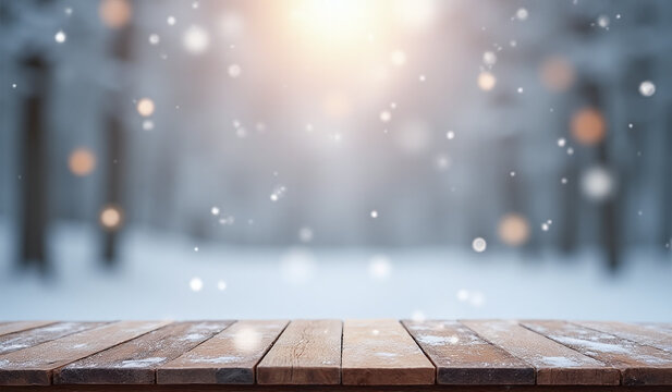 winter scene wooden table top blurred snowy landscape surrounded soft bokeh lights product display mockup