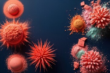 Vibrant Coral and Colorful Powder Burst on Midnight Blue Background