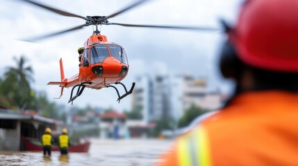 Two rescue workers with orange helmets and jackets watch as an orange helicopter hovers, directing a rescue operation in a flood situation. Collaboration is important here.