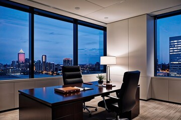 Fototapeta premium Softly Blurred Office Ambiance: Refined Workspace Highlighting Evening Cityscape and Executive Appeal