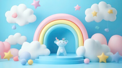 Cute blue unicorn standing on a blue platform with a rainbow behind it, surrounded by pastel colored clouds and stars on a light blue background.