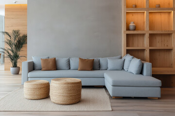 Modern living room design with cozy sectional sofa and decorative shelves