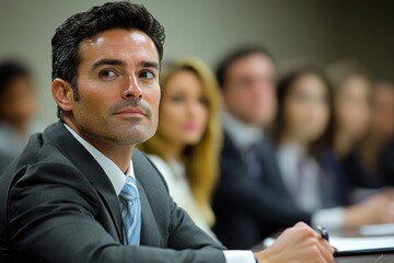 A focused man in a business meeting with colleagues in the background.