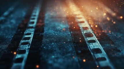 Close-up of film strips with warm light and particles in the background.