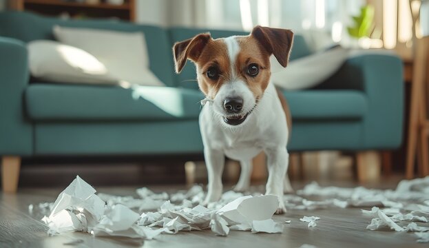 A cute, happy Jack Russell Terrier dog standing on the floor in front of an old light blue-green couch with white cushions, 