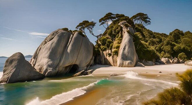 New Zealand famous tourist destination landmark in Abel Tasman National Park Split Apple Rock Tokangawha apopular tourist attraction 4K