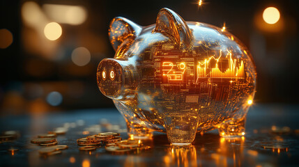 Digital Transparent Piggy Bank with Glowing Circuit Patterns and Financial Charts - Futuristic Concept of Digital Banking and Cryptocurrency Investment