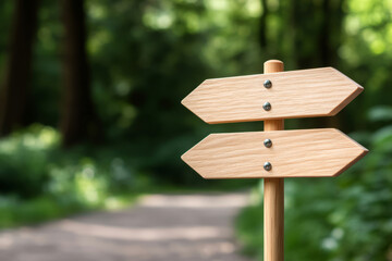 Simple wooden signpost with arrows set against a lush green forest background
