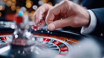 A hand reaches for roulette chips with a blurry background, capturing the vibrant energy and thrill of placing bets in a dynamic casino atmosphere.