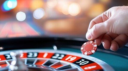 Obraz premium A hand holds a red poker chip near a roulette wheel, illuminated by bright casino lights, symbolizing the poignant moment of placing a significant bet.