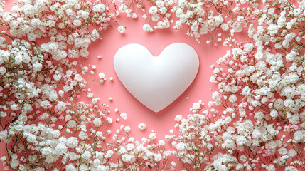 Fototapeta premium White flat heart centered in a delicate arrangement of white and pink flowers symbolizing purity love and gentle emotions soft pastel tones convey tenderness creating a serene and romantic atmosphere