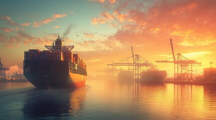 Fototapeta premium Vibrant Logistics and Transportation Scene at Sunset with Cargo Ship