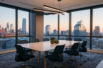 Contemporary Office Workspace with City View in Early Hours: Inspiring Atmosphere for Workshops
