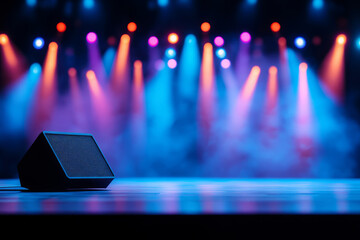 Stage setup with colorful spotlights, smoke, and a lone speaker on the floor