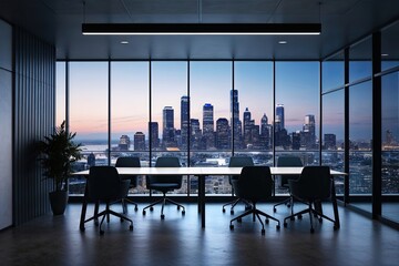 Subdued Office Atmosphere at Dusk in a Modern Workspace Showcasing Urban Skyline for Investor Presentation Background