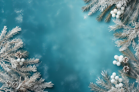 Winter Grafik mit blauem Hintergrund, Tannenzweigen und Tannenzapfen, Winterkarte mit Winter Weihnachtsdeko