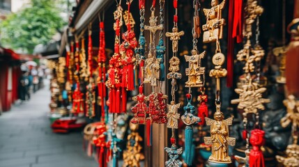 Colorful Chinese trinkets hang in a bustling market.
