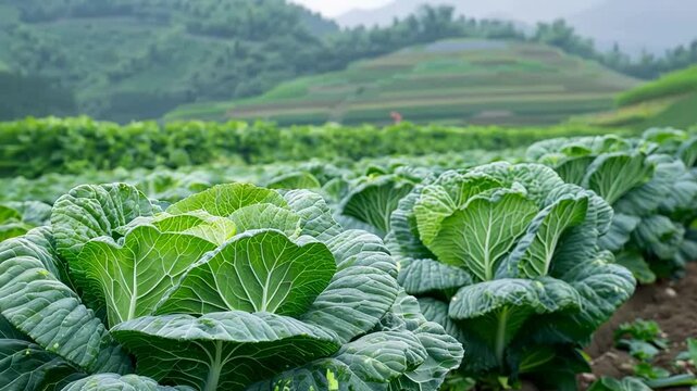 Expansive cabbage field on terraced hillsides, ideal for concepts of agriculture and sustainability