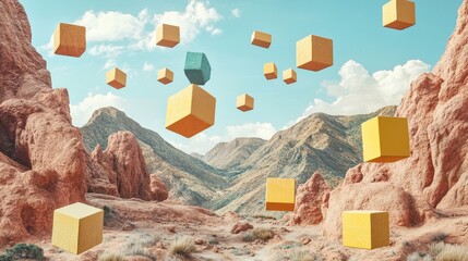 Colorful cubes float over a desert landscape.
