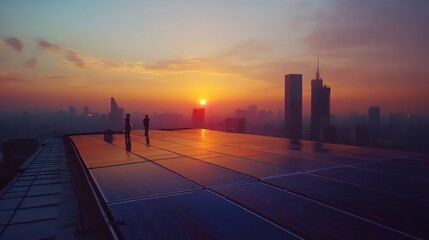At sunrise, solar panels on a rooftop depict a cityscape illustrating clean renewable energy and sustainability in urban environments