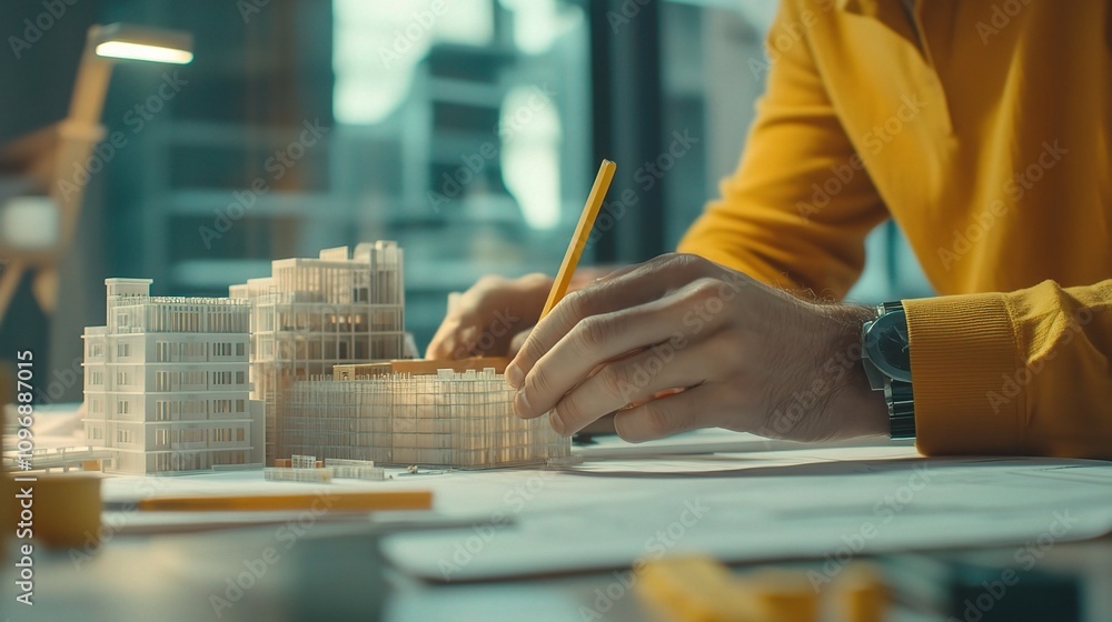 Poster engineer working on construction blueprints and scale model building