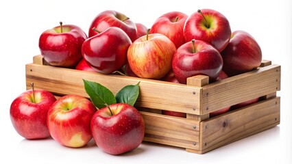 red apples in a wooden box, isolated on white or transparent PNG
