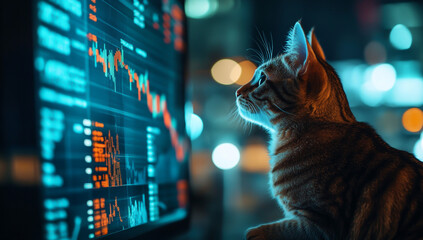 A cat using a trading screen to check the stock market, the background