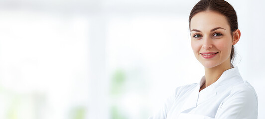 Smiling healthcare professional in a bright clinic setting during daytime