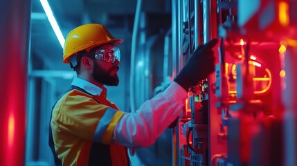 Worker Inspecting Steam Drum in Industrial Facility at Night