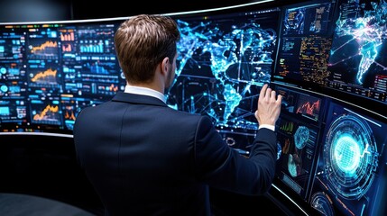 Businessman Analyzing Financial Data and Global Market Insights on Futuristic Digital Interface