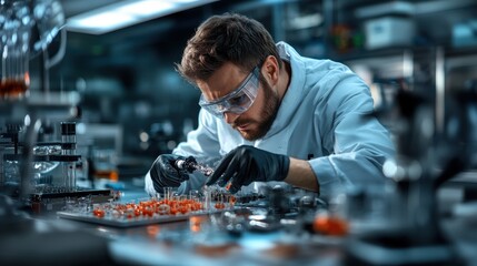 A focused scientist in protective gear works diligently with glassware in a modern laboratory, emphasizing precision and innovation in scientific research.