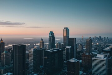 Obraz premium Subdued Early Morning Office Landscape with City View for Strategic Business Presentations