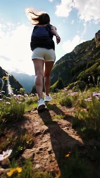 Low-angle shot of a hiker walking on a scenic mountain trail surrounded by wildflowers and rugged terrain under a bright summer sky