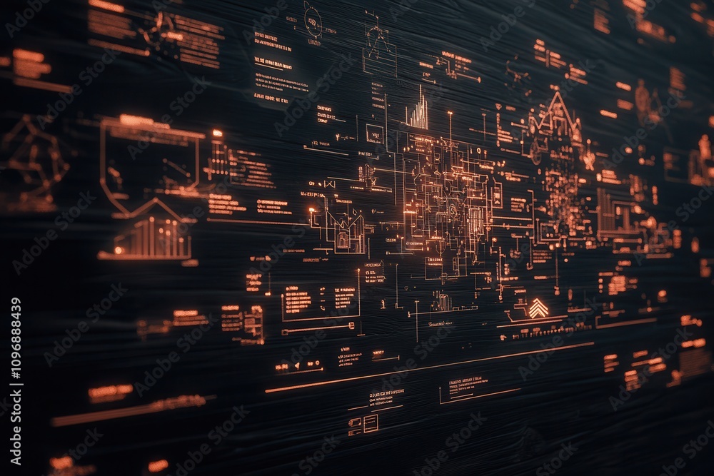 Poster Abstract digital graphic depicting interconnected data points and structures in a dark background, conveying themes of technology and information flow.