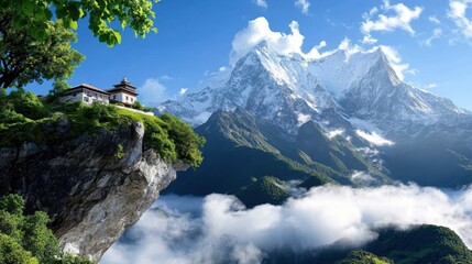 A serene temple perched on a cliffside above clouds, with majestic snow-capped mountains in the background, exemplifying tranquility and timeless beauty.