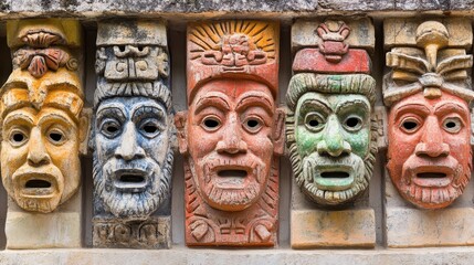 Colorful hand-carved wooden masks in a row.