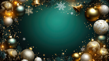 Holiday ornament frame with baubles and snowflakes vector illustration