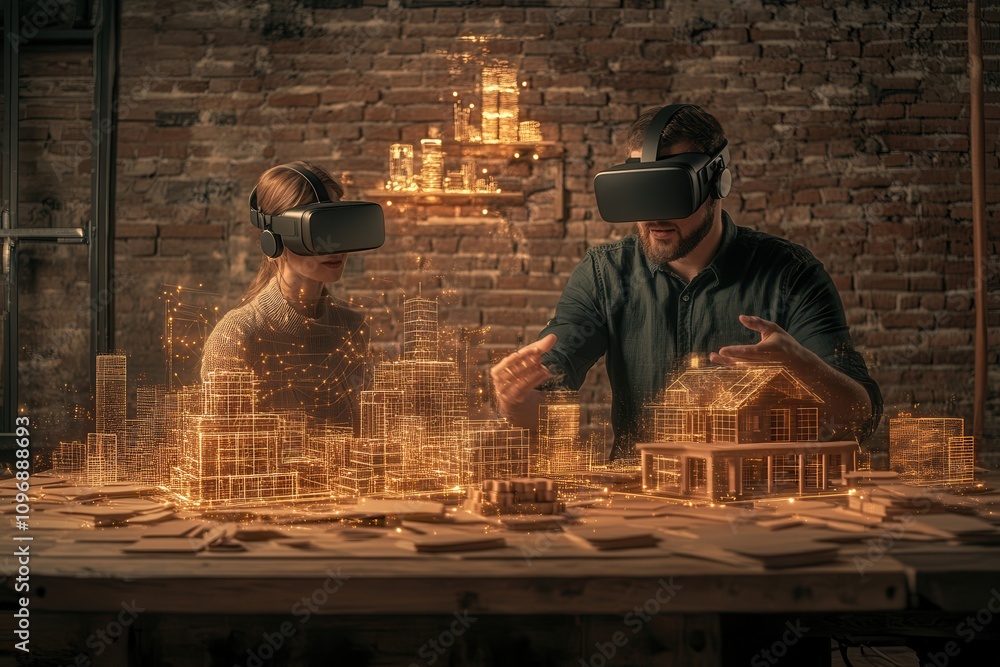 Poster two people wearing vr headsets interact with a virtual cityscape, using hand gestures to manipulate 