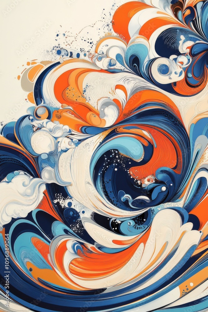 Poster abstract waves of orange, blue, and white create a dynamic and colorful design