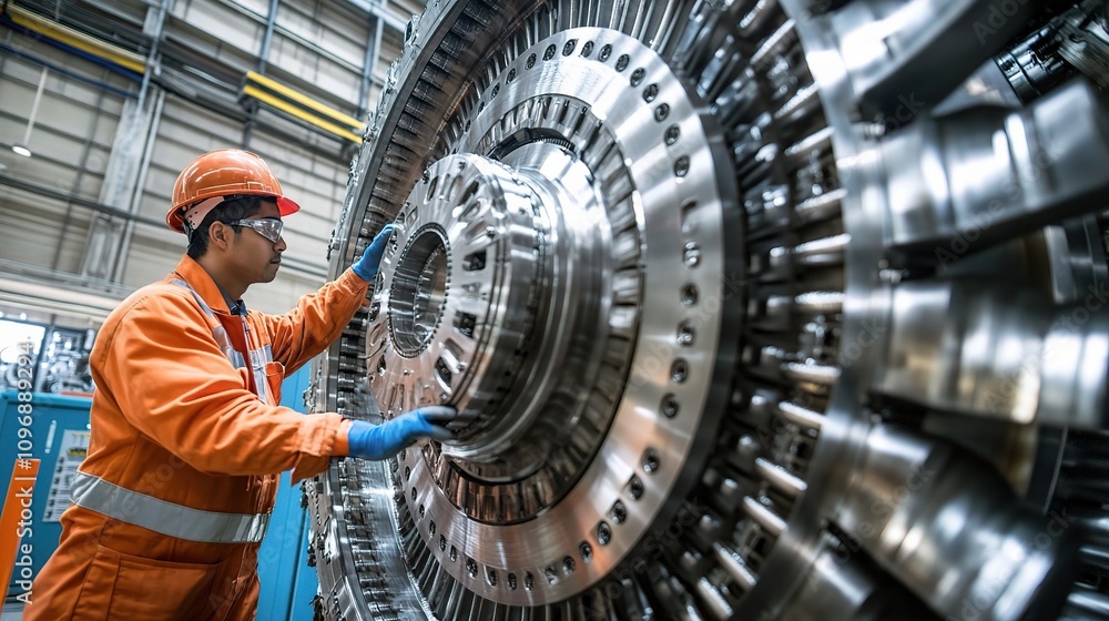 Poster hispanic worker inspecting complex machinery with precision