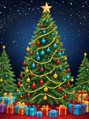 Naklejka premium Magical Christmas Tree and gifts. Sparkles with Vibrant Lights and Ornaments on a Snowy night. Beautiful X-mas Background. Generative AI