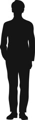 Silhouettes of Businessman character in different poses. Business man in formal suit standing front, back, rear, side view, pointing, thinking. Vector black