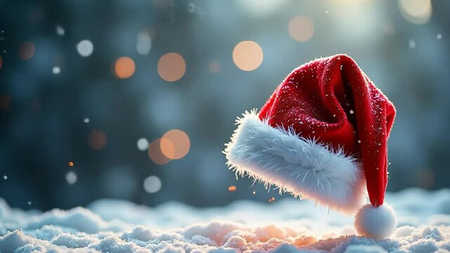 Enchanting santa hat falling gently in snowy wonderland with twinkling bokeh lights