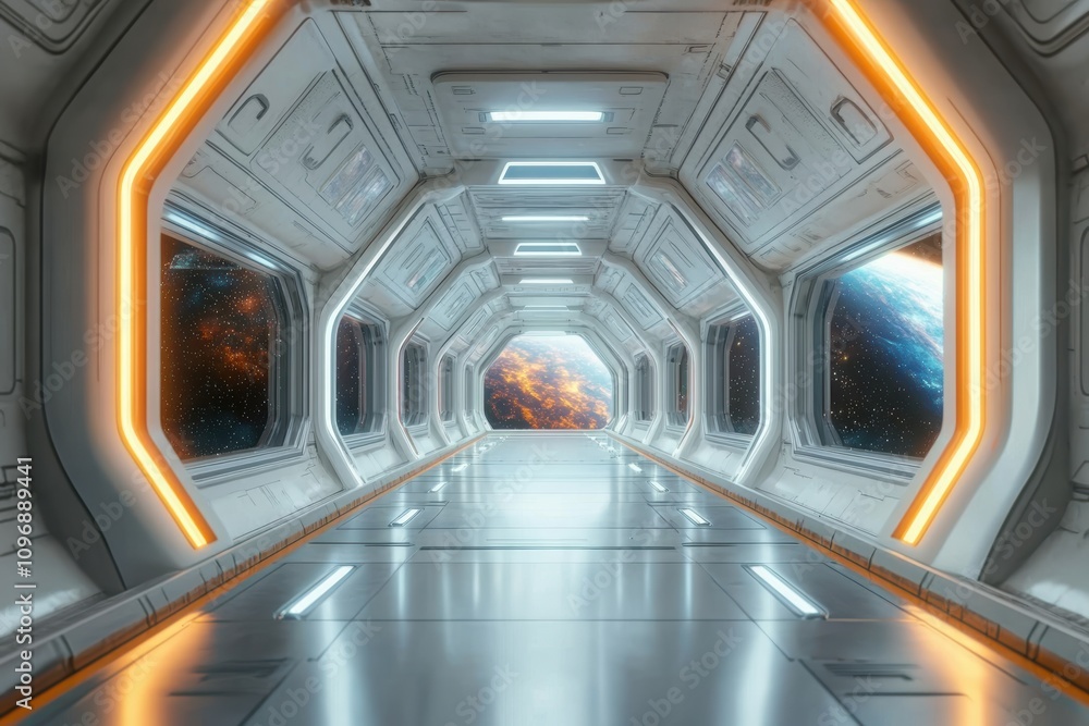 Poster a futuristic corridor with glowing edges and a view of space beyond.