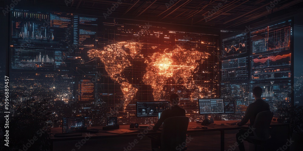 Aufkleber a high-tech control room displays a glowing global map, surrounded by digital data and analytics, de