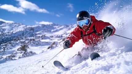 A determined skier, wearing red, expertly slices through the snow on a sunny mountain day, embodying the thrill and dexterity centered in alpine sports adventure.